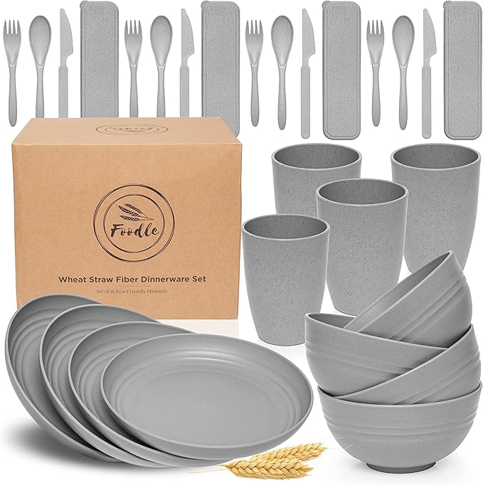 FOODLE Wheat Straw Dinnerware Set - BPA Free & Safety Tested - Microwave & Dishwasher Safe - Perfect for Picnic, Dorm, RV Dishes - Camping Plates Cups and Bowls Set - Great for Kids & Adults - For 4