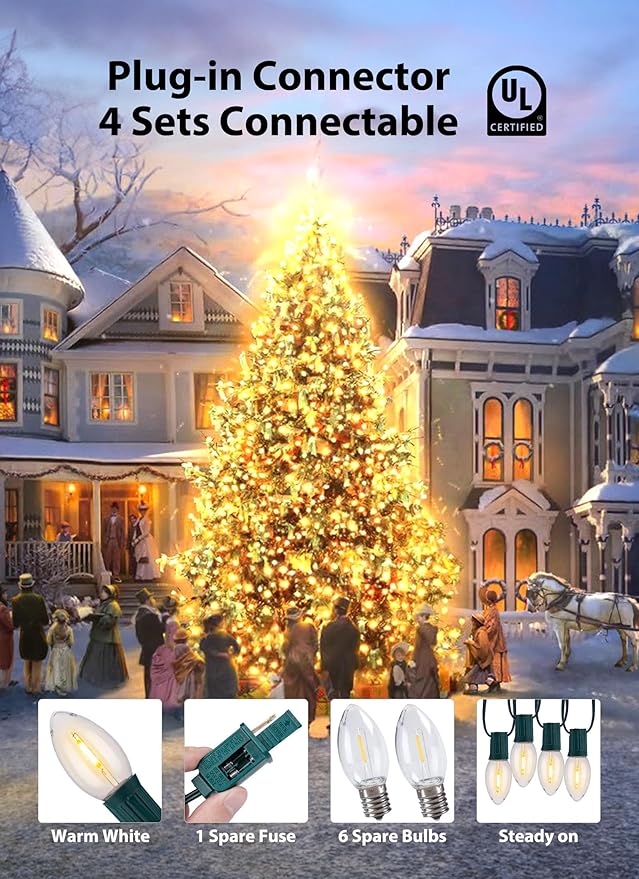 Vintage C9 LED Christmas Lights Outdoor, 150 Ft C9 String Light with 150 Shatterproof Warm White Bulbs, Waterproof Connectable Christmas Tree Lights for Roofline Holiday Garden Party Xmas Decorations