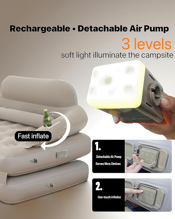 JEASONG Inflatable Chair Sofa with Built-in Rechargeable Pump, 2-in-1 Air Couch & Mattress Bed, One-Touch Inflation, Multifunctional for Home or Outdoor, Foldable, Easy Storage