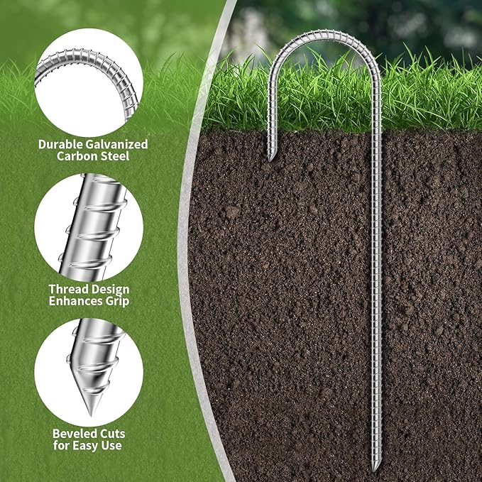 12 Inch Tent Stakes - Durable Galvanized Carbon Steel Trampoline Stakes, Garden Stakes with Thread Design for Enhanced Grip, Rebar Stakes for Beach, Outdoor, Grass, Garden (6 Pack)