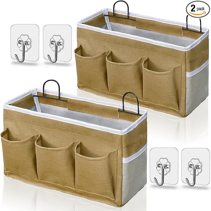 2pcs 3-pockets Large Wall Hanging Organizer Bag, Linen Fabric Door Hanging Storage Baskets with Pockets, Waterproof Bin for Kitchen, Bedroom, Office, RV Camper (Khaki-2pcs)