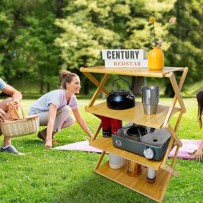 Foldable Bamboo Shelf, Folding Shoe Rack, Flower Rack, Camping Rack, No Installation Required, Portable, Space Saving, Multi-Purpose Storage Rack (Natural, 4 Tiers)