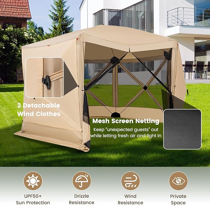 Tangkula 11.5x11.5 Ft Pop Up Gazebo with Netting, Portable Screen Tent with 6 Sided Mesh Walls, 2 Sunshade Cloths, Outdoor Instant Canopy Shelter with Carry Bag for Camping, Lawn, Backyard