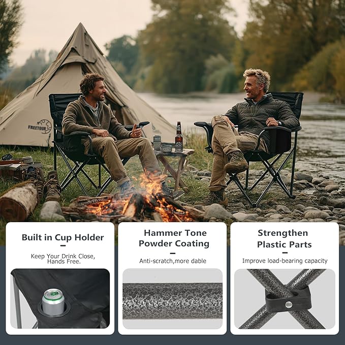 Camping Chair Folding Heavy Duty with Cup Holder & Cooler Bag, Oversized Portable Lawn Chair for Adults, Tall and Lightweight, 300 Lbs Capacity, for Beach, Fishing, Sports, Travel