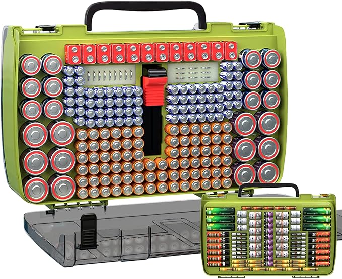 Large Capacity 269 Battery Organizer Storage Case with Tester, Double-Side Battery Holder Container for AA AAA AAAA C D 9V Lithium 3V CR123 CR1632 18650 Batteries(Box Only) (Lighting Green)
