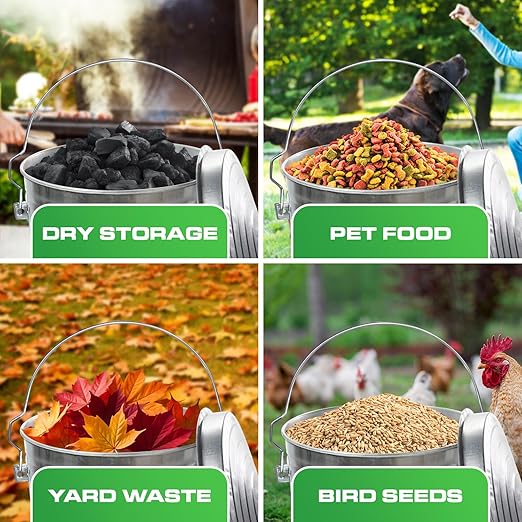 Plexon Metal Trash Can with Locking Lid Outdoor Storage Bucket for Bird Seed Ash Galvanized Steel 10-Gallon 6 Pack