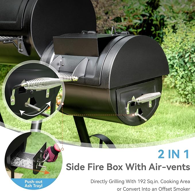 GREEN PARTY Offset Smoker Charcoal Grills with 37 Inch Cook Chamber, Barrel Smoker and Charcoal Grill Combo, 941 Sq. In. Space Barrel Smoker Grill for Outdoor BBQ Patio Backyard Cooking