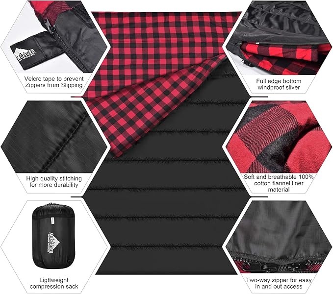AGEMORE Cotton Flannel Double Sleeping Bag for Camping, Backpacking Or Hiking. Queen Size 2 Person Waterproof Sleeping Bag for Adults Or Teens. Lightweight with Compression Sack