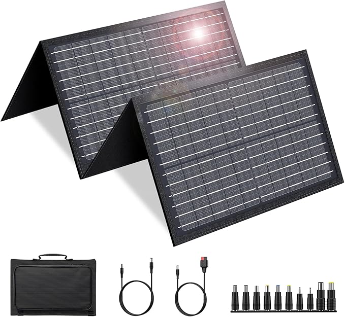 60W Solar Panel for Portable Power Station, Foldable Solar Panel with 12-18V DC Output/USB QC3.0/USB C(10 Changeable DC Adapters), Portable Solar Panels for Camping, Home, Travel, Rv