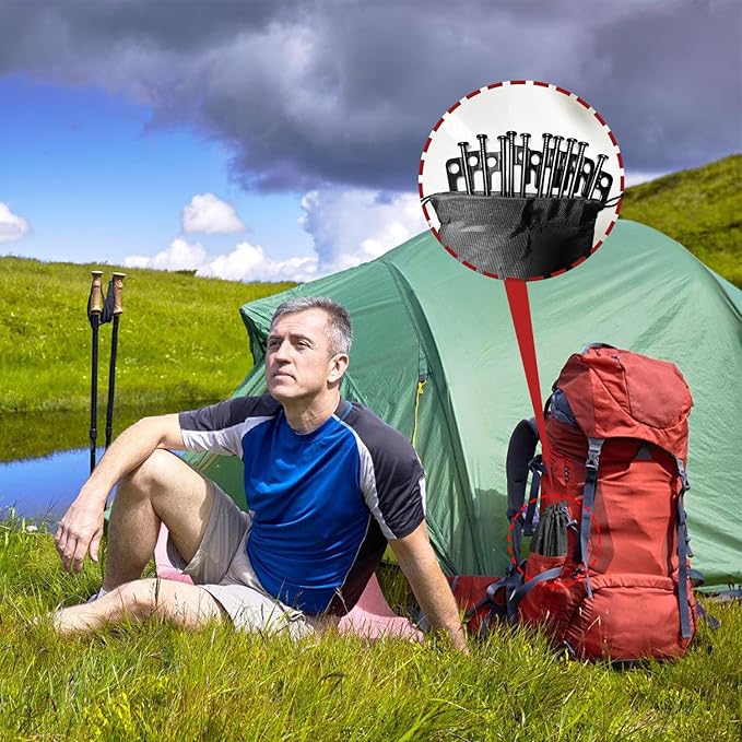 16Pcs Tent Stakes, 16in Heavy Duty Tent Stakes with Storage Pouch, Forged Steel Tent Sakes Metal, Metal Stakes for Tent Used on Grassland, Snowfield, Dessert(16Pcs, 16in, Diameter 1/4")