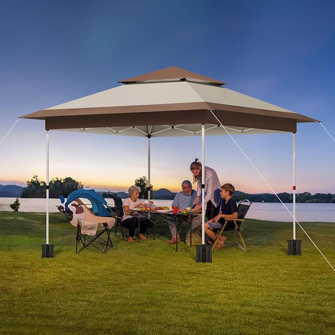 TLSUNNY 12X12 Pop Up Canopy Tent, Camping Shader W/Overhanging Eaves & Sand Bag, Outdoor Gazebo Shelter W/One Push Setup & Wheeled Bag, Height Adjustable, for Patio, Market, Party (Khaki, 12FTX12FT)