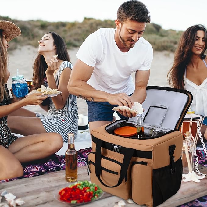 MIER 30L Extra Large Soft Cooler Bag with Bottle Opener for Camping Beach BBQ Grocery Golf Leakproof Picnic Lunch Bag, Collapsible, Top Flip Lid, 45Can (Khaki)