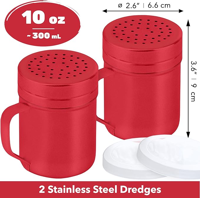 CUSINIUM 10oz Red Stainless Steel Salt Pepper Dredge Shakers - With Plastic Cap - With Handle - Pack of 2