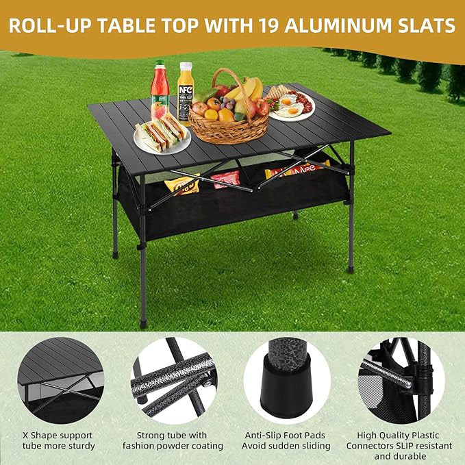 Dr.Quark Camping Table 41.4''x 28.4'' Ultra Compact Aluminum Folding Camping Table with Large Storage Roll Up Portable Camping 4-6 Person Foldable Camp Table with Carry Bag