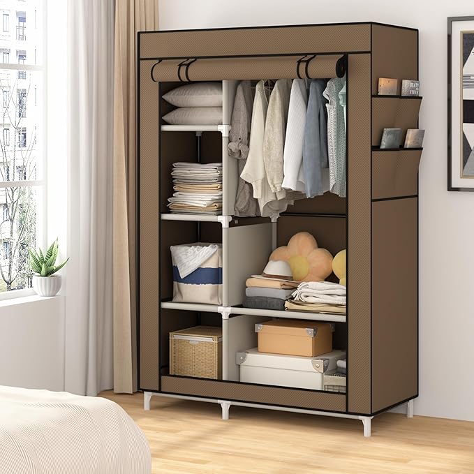 Calmootey Portable Closet Organizers, Clothing Storage, Wardrobe with 6 Shelves and Hanging Rod, Non-Woven Fabric Cover with 4 Side Pockets, Brown
