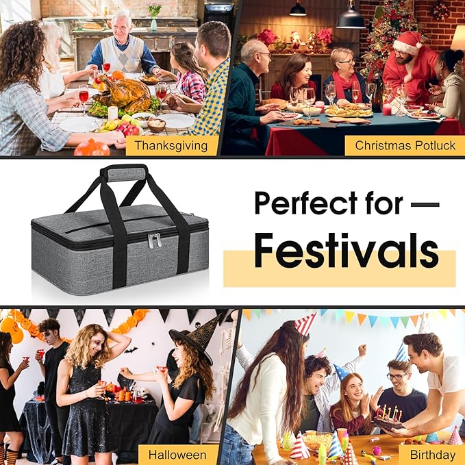 Insulated Casserole Carrier, Portable Casserole Carrier for Hot or Cold Food Lunch Tote Warmer or Cooler Bag, Lasagna Lunch Bag for Potluck Parties- Fits 9" x 13" Baking Dish-Charcoal Grey