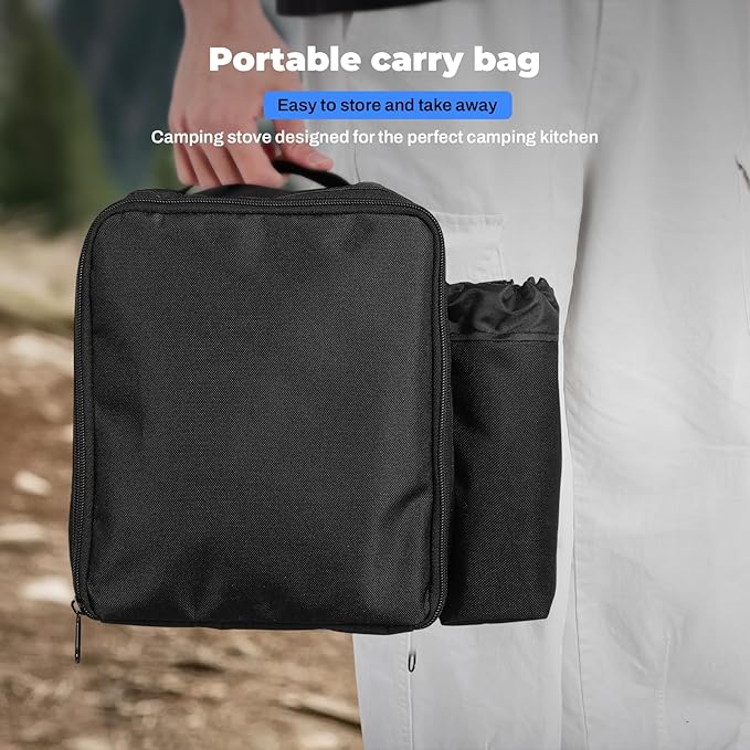 Adjustable 2 Burner Portable Camping Stove Propane (16000 BTU) with Camping Grill and Carrying Bag, Folding Propane Stove,Gas Camping Stove with Piezo Ignition for Camping, Backyard BBQ, Black