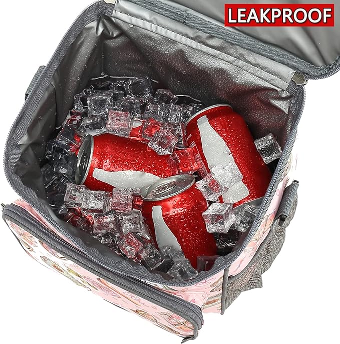 FlowFly Insulated Reusable Lunch Bag Adult Large Lunch Box for Women and Men with Adjustable Shoulder Strap,Front Zipper Pocket and Dual Large Mesh Side Pockets,Rose