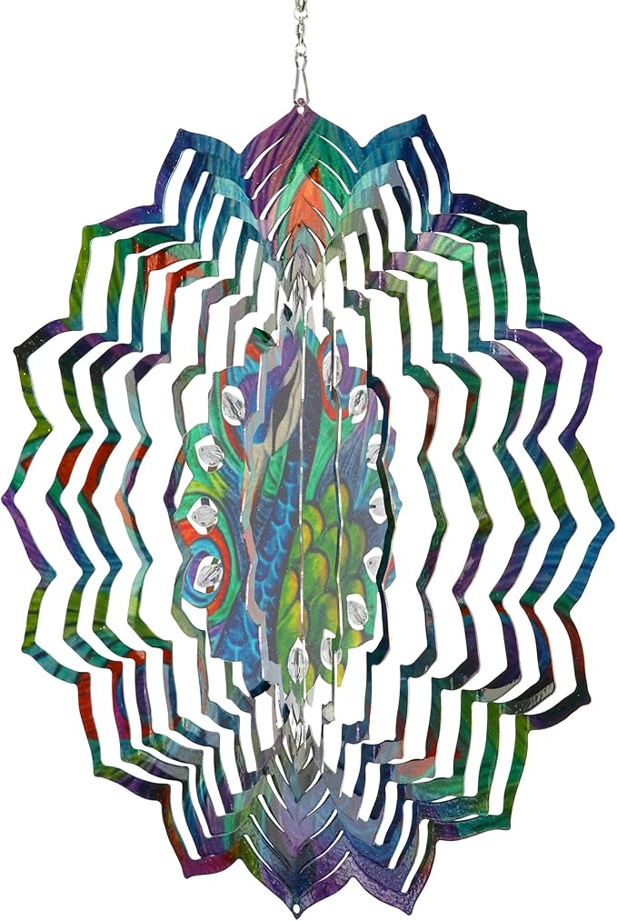 Exhart Wind Spinner, Peacock Mandala Hanging Wind Sculpture, 3D Laser Cut Patterns with Bead Details, Metal Outdoor Garden Decoration, Multicolor Lawn and Yard Art, 12 Inch