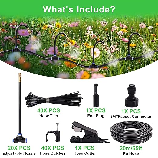 Drip Irrigation Kit, Flexible 360°Adjustable Watering System with Nozzle Control, Misting Hose for Garden, Greenhouse, Lawn, Yard & Potted Plants (65 Feets)