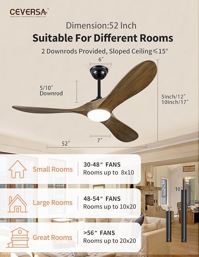 52 Inch Ceiling Fans with Lights and Remote,3 Blades Outdoor Wood Rustic Propeller Grey Ceiling Fans,Quiet Noiseless DC Motor,for Farmhouse,Living Room,Bedroom,Indoor