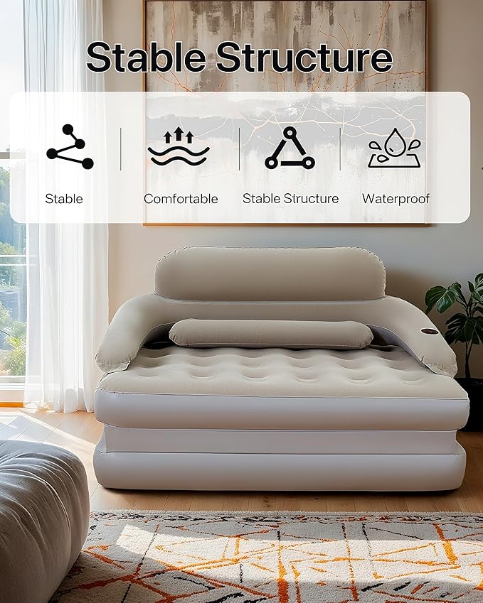 JEASONG Inflatable Chair Sofa with Built-in Rechargeable Pump, 2-in-1 Air Couch & Mattress Bed, One-Touch Inflation, Multifunctional for Home or Outdoor, Foldable, Easy Storage