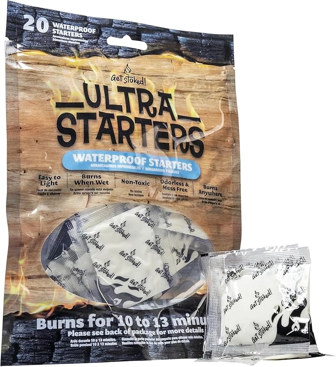 Waterproof Fire Starters for Indoor Fireplace, BBQ, Campfire, Wood Stove, Chimney, Fire Pit, Grill, Smoker, Bonfires, | (20-Pack Ultra Starters) Reliable Fire Igniters in Wet Weather, Get Stoked!