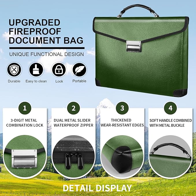 Fireproof Document Bag 14.5"X11"X2.5" Fireproof Money Bag for Cash With Lock and Zipper,Fire&Waterproof Storage Organizer Pouch for Valuables,Legal Document,Laptop,Passport,(Green)