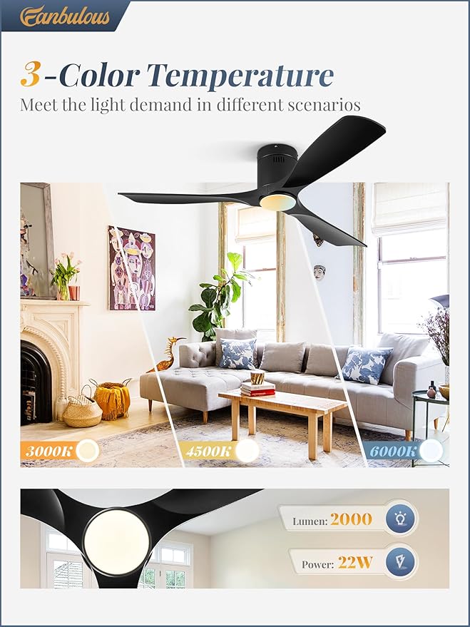52" Ceiling Fans with Lights and Remote Control,Modern Flush Mount Ceiling Fan with 3 LED Colors,Outdoor Low Profile Ceiling Fans with 6-Speeds Timer DC Motor for Bedroom Living Room Patio