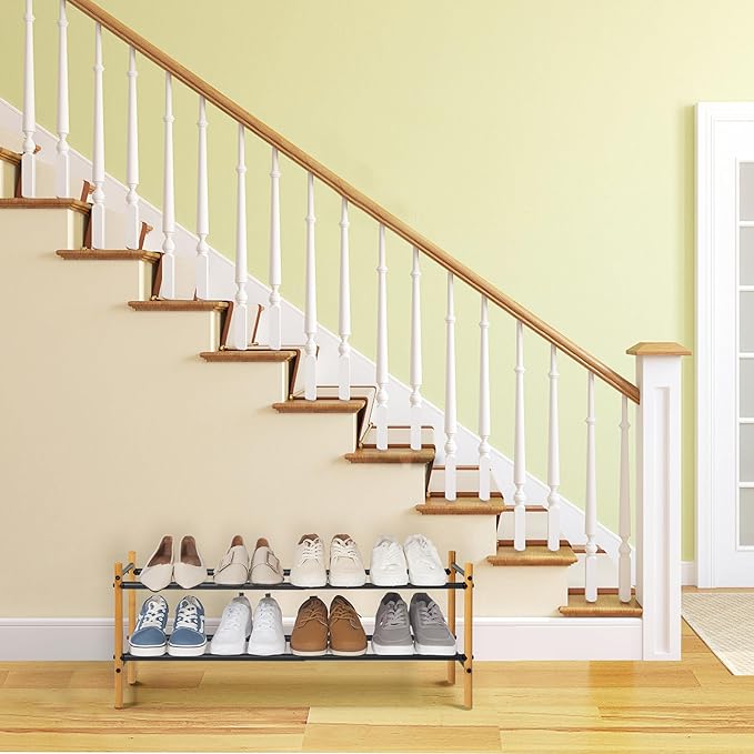 STORAGE MANIAC Expandable Shoe Rack, 8 Pairs Stackable Small Shoe Rack, Metal Adjustable Shoes Organizer for Closet, Entryway, Hallway, Garage, Front Door, Shoes Shelves, Bamboo 2 Tier