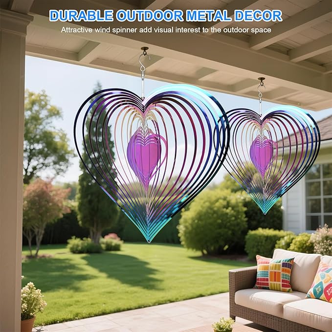12in Wind Spinners Outdoor Color Heart Metal Wind Spinners for Yard and Garden, Stainless Steel Hanging Wind Chimes for Outside Patio Art Decor Whirligig Gifts for Mom Grandmother