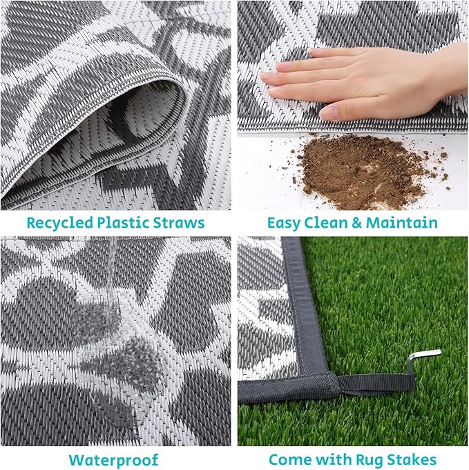 HEBE Outdoor Rug Waterproof 8x10, Plastic Straw Rug Camping Rug, Reversible Outdoor Patio Rugs RV Mat Clearance, Indoor Outside Floor Carpet for Porch,Deck,Camper,Balcony,Backyard