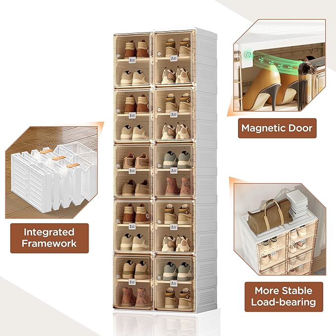ANTBOX Shoe Organizer Storage Box, Portable Folding Shoe Rack For Closet With Magnetic Clear Door,Large Sneaker Cabinet Bins Sturdy Easy Assembly 10 Layers-20 Grids