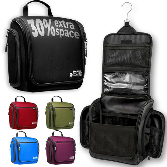 AvaJex Large Hanging Toiletry Organizer - Waterproof Hygiene Bag with Metal XXL Swivel Hook, Sturdy Zippers and 15 Compartments for Toiletries, Makeup, Cosmetics