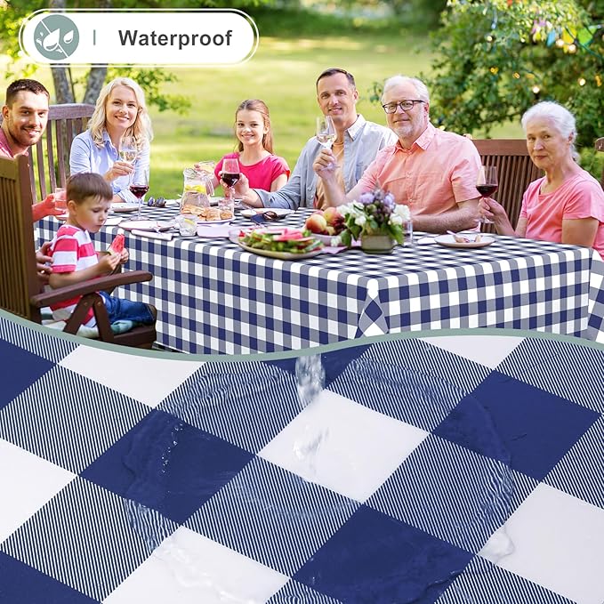 misaya Rectangle Waterproof Vinyl Table Cloth, Buffalo Flannel Backed Tablecloth, Wipeable Plastic Table Cover for Dinner, Kitchen, Outdoor (52" x 70", White and Navy)