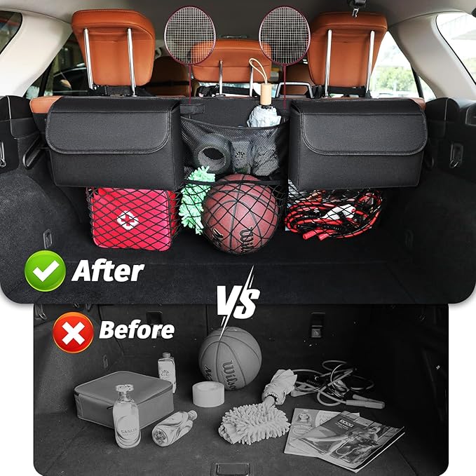 Deluxe Trunk Organizer for Car Small SUV, Backseat Hanging Trunk Organizer, Waterproof Collapsible Car Storage Bag with 6 Pockets, Reinforced No-Sag Design