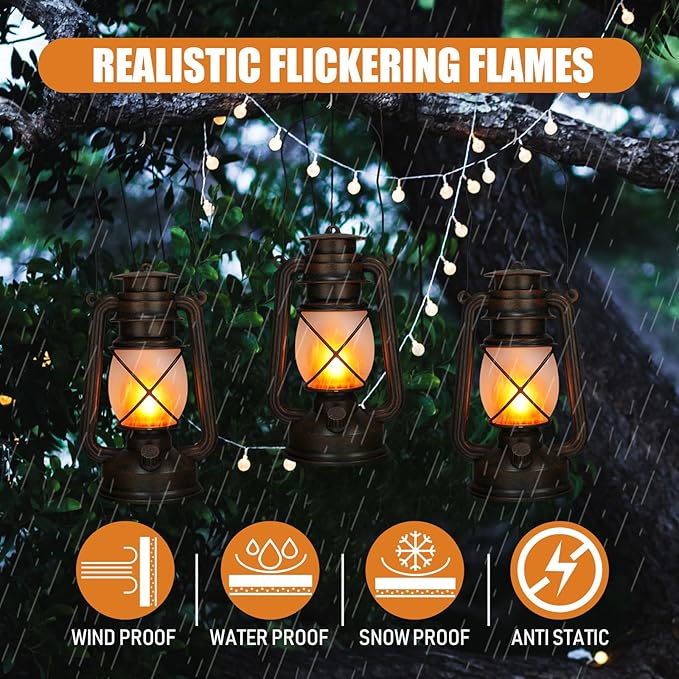 Retisee Vintage LED Lantern Battery Powered Camping Lamp Indoor Outdoor Hanging Lantern Flickering Fire Lamps with Remote Control for Patio Yard Door Front Decor(4 Pcs)