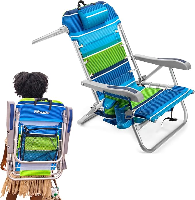 Homevative Backpack Fold-Up Beach Chair, 5 Positions, Towel bar, Cooler, Storage Pouch, Cup Holder and Phone Pocket
