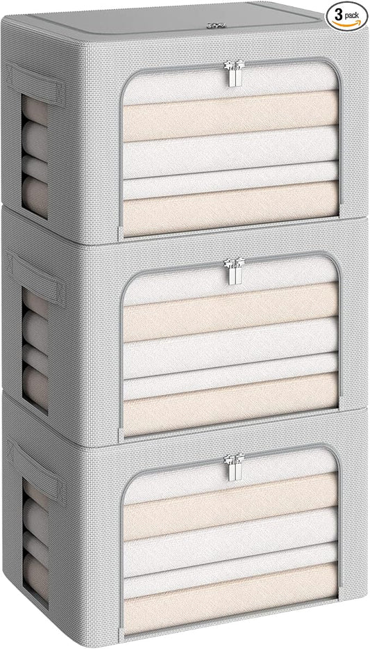 3Pack Frame Storage Box - Clothes Storage Bin Bags Oxford Fabric Foldable Stackable Container Organizer Set with Clear Window & Carry Handles (Grey, X-Small-36L)