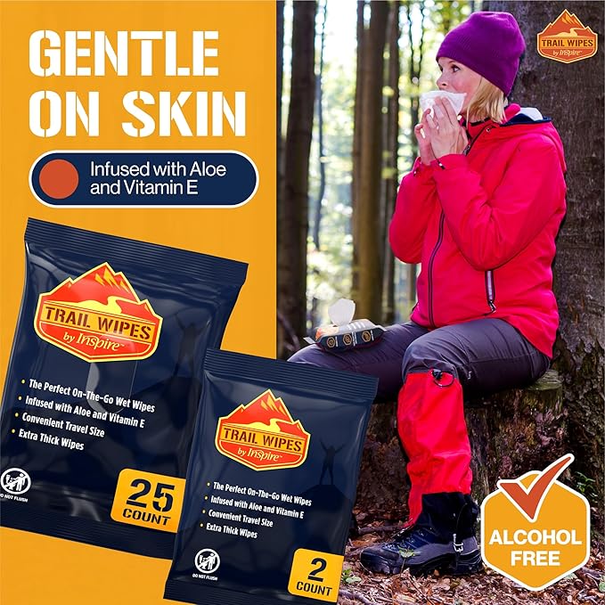 Inspire Trail Wipes | Camping Wipes Body Wipes Adults | Biodegradable Wipes For Camping, Travel, Gym With Aloe And Vitamin E | No Rinse Bathing Shower Wipes Women Or Men