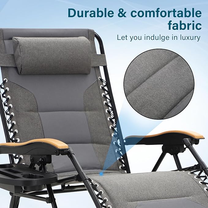 MFSTUDIO Zero Gravity Chairs Set of 2, XL Oversized Outdoor Anti Gravity Chair, Patio Lounge Folding Adjustable Chair with Cup Holder & Padded Headrest, Support 400lbs,Light Grey