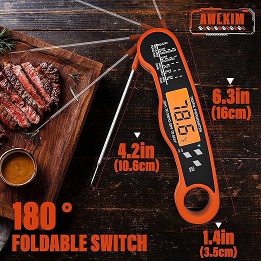 AWLKIM® Meat Thermometer Digital - Fast Instant Read Thermometer for Cooking, Grilling, Candy Making, IP67 Waterproof with Backlight,Christmas Stocking Stuffers Gifts for Men, Dad, Husband - Orange