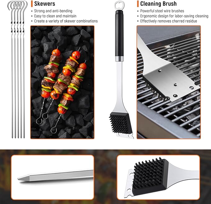BBQ Accessories Grill Tools Set, Stainless Steel Grill Tools with 2 Squeeze Bottles, BBQ Grill Accessories Grilling Gift for Men & Women, Portable Grill Tools Utensils Kit for Camping, Kitchen