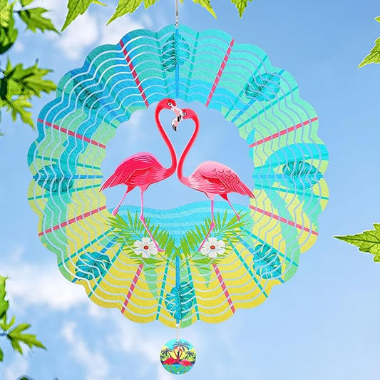 Flamingo Wind Spinners Garden Yard Decor Gift for Women Men, 12 Inch Outdoor Metal 3D Wind Spinner, Stainless Steel Hanging Wind Catchers Kinetic Sculpture for Outside Decoration