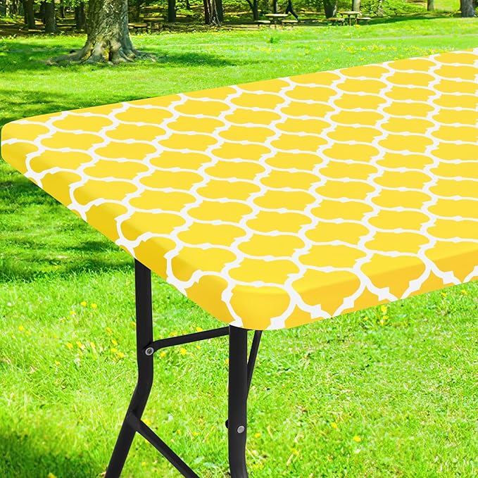 Smiry Rectangle Picnic Table Cover, Waterproof Elastic Fitted Camping Tablecloths for 8 Foot Tables, Wipeable Flannel Backed Vinyl Tablecloth Protector for Indoor, Outdoor (Yellow, 30x96 Inches)