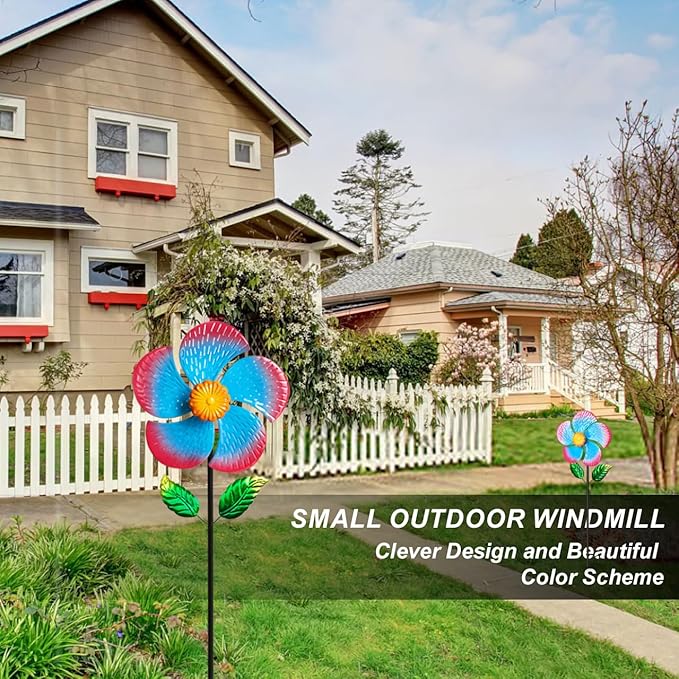 Garden Wind Spinners & Metal Wind Sculptures - Outdoor Windmill Decor with Vibrant Red & Blue, Yard Art for Patio Lawn Garden Ornament, Dynamic Wind Spinner Sculpture for Landscape Decor