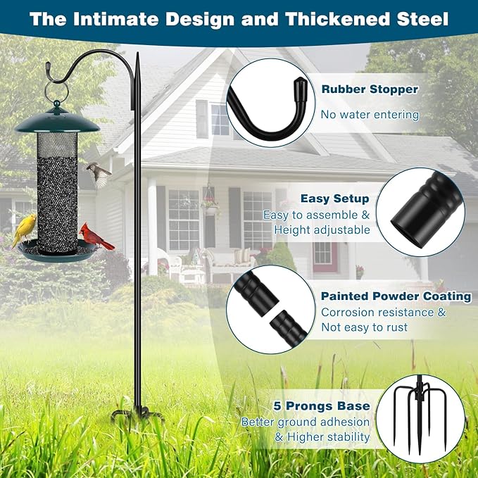 Gtongoko Adjustable 63 Inch Shepherds Hooks for Outdoor with 5 Prongs Base, Bird Feeder Pole Garden Hooks for Hanging Lanterns, Plants Baskets, Hummingbird Feeders, 1 Pack