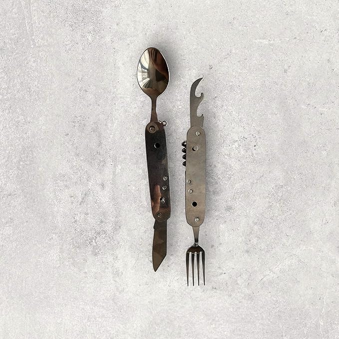 outdoor/camping 6-in-1 multi-function flatware silverware set, include knife, fork, spoon, corkscrew, bottle opener and fruit fork