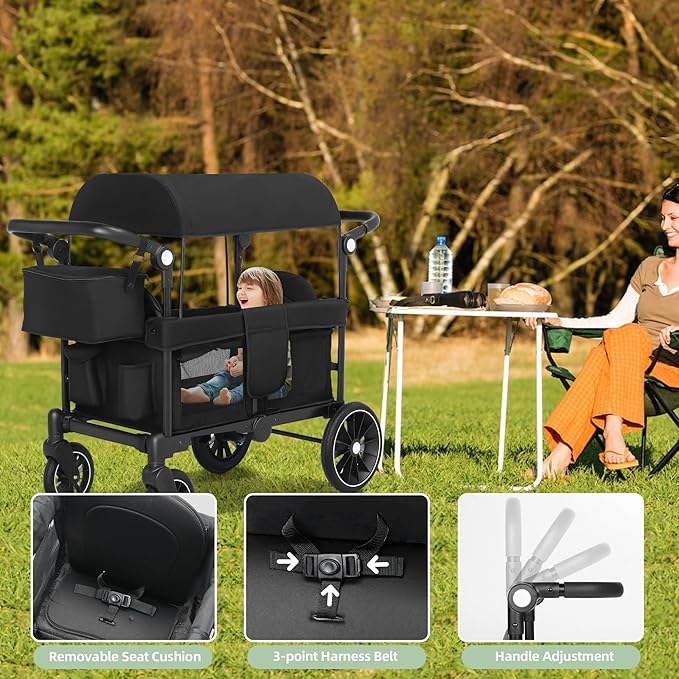 Wagon Stroller for 2 Kids, All-Terrain Stroller Wagon, Foldable Kids Wagon Cart Featuring with Harnesses, Adjustable Double Push Handle, Removable Canopy, Snack Tray, Large Storage Bag, Black