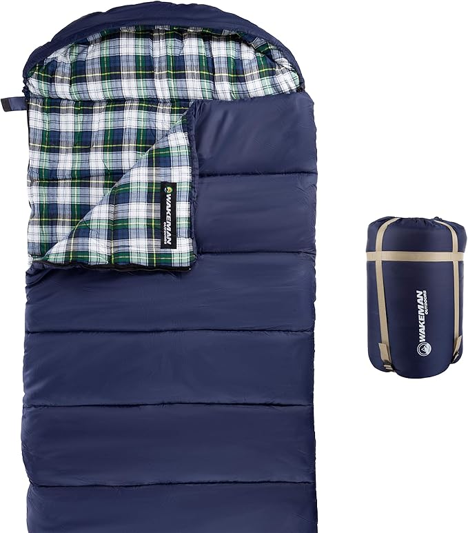 Sleeping Bag - Lightweight Envelope-Style 32F Rated Outdoor Sleeping Bag with Hood and Carry Case for Backpacking, Camping and Hiking by Wakeman (Navy)